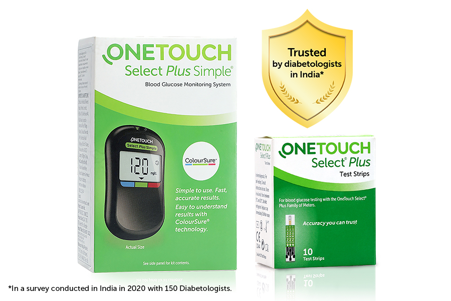 OneTouch Select Plus Simple Blood Glucose Meter showing blood glucose in range